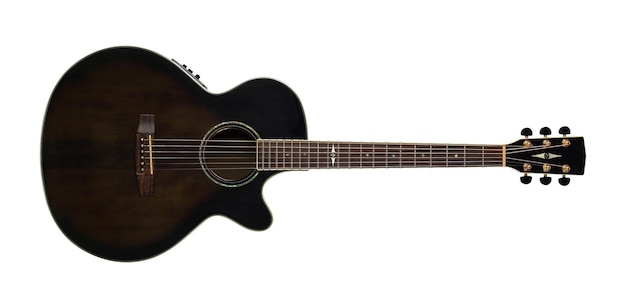 Instrumento musical guitarra acústica elétrica de corte marrom vista superior isolada