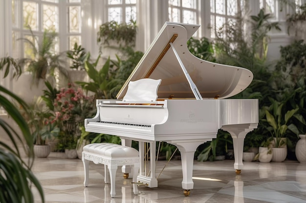 Instrumento musical piano blanco en el interior.