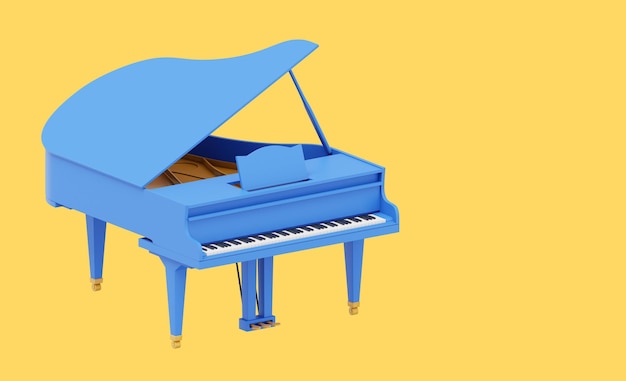 Instrumento musical de piano de cola azul Icono de representación 3d en el espacio de fondo amarillo para texto