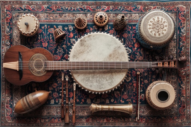 Foto instrumentos árabes tradicionales dispuestos en una alfombra de época