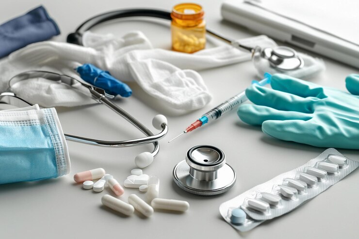 Instrumentos y equipos médicos dispuestos en una mesa con enfoque en la jeringa del estetoscopio