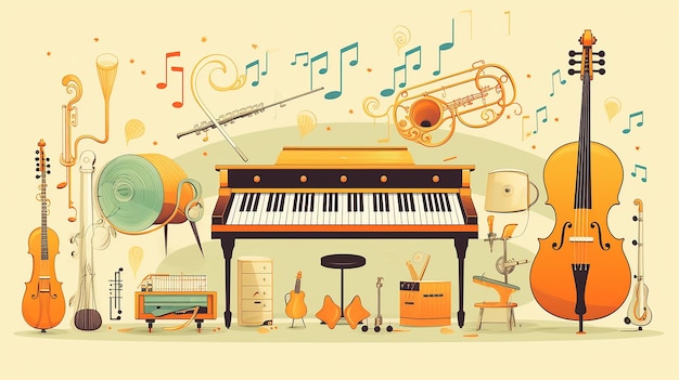 Instrumentos de ilustración de clase de música e ilustración de notas.