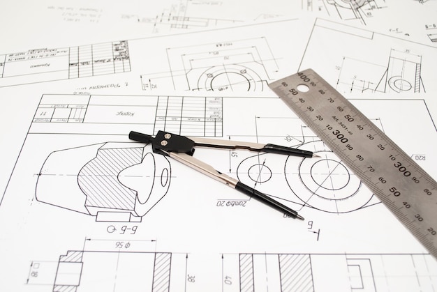 Instrumentos de medición y dibujo y dibujos sobre la mesa.