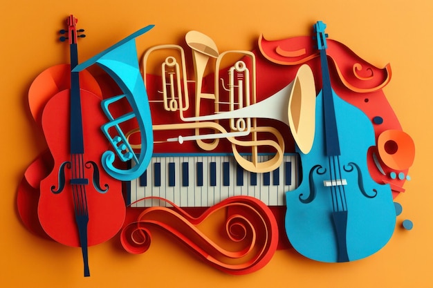 Foto instrumentos musicais de banda de jazz cartaz do dia da música mundial convite abstrato