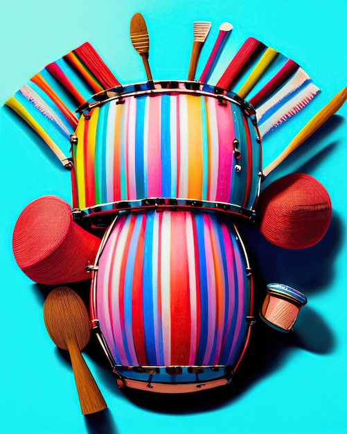 Instrumentos musicais de percussão coloridos ao lado de listras multicoloridas