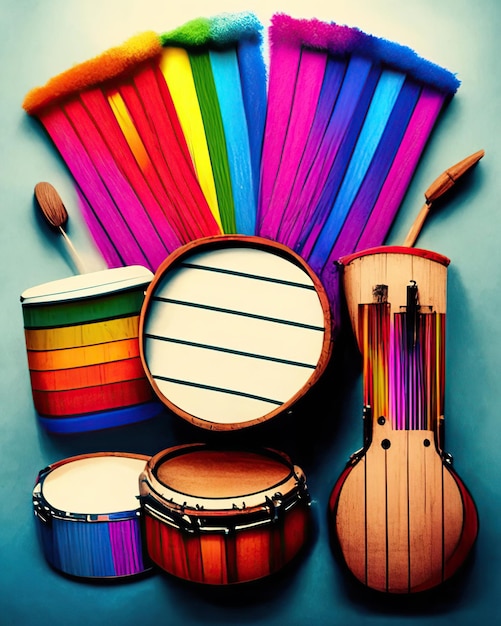 instrumentos musicais de percussão coloridos ao lado de listras multicoloridas