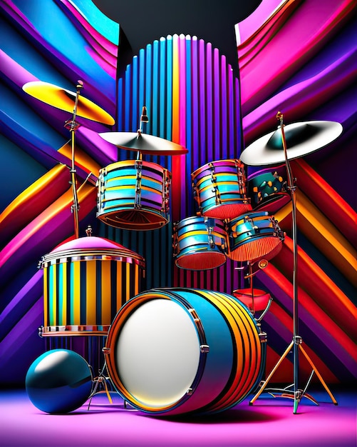 instrumentos musicais de percussão coloridos ao lado de listras multicoloridas