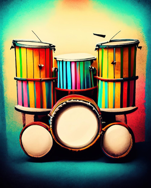 instrumentos musicais de percussão coloridos ao lado de listras multicoloridas