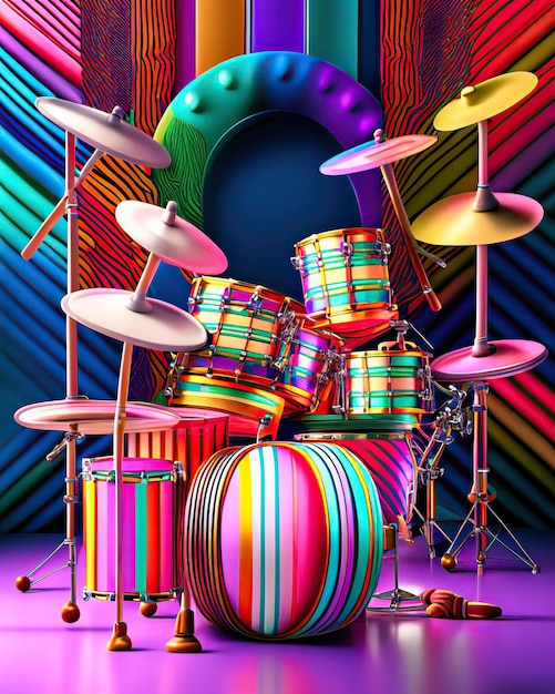 instrumentos musicais de percussão coloridos ao lado de listras multicoloridas