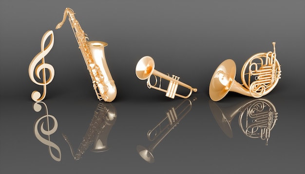 Instrumentos musicais de sopro dourado em um fundo preto, ilustração 3d