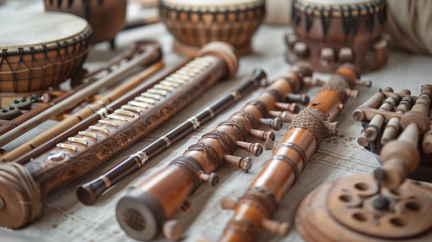 Foto instrumentos musicais folclóricos feitos de madeira