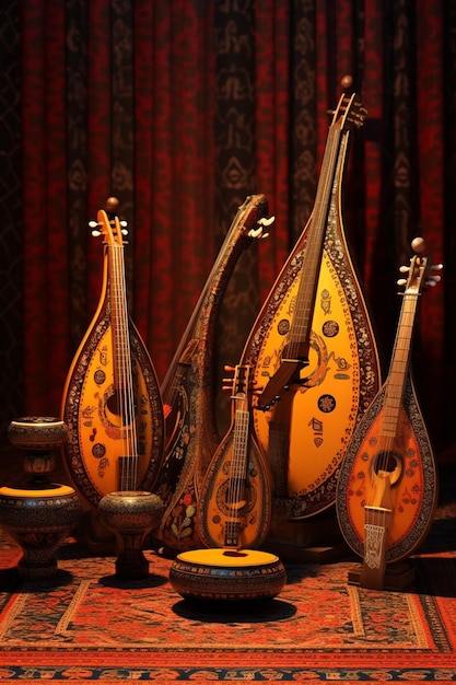 Foto instrumentos musicais tradicionais persas em 3d, como o tar ou o daf