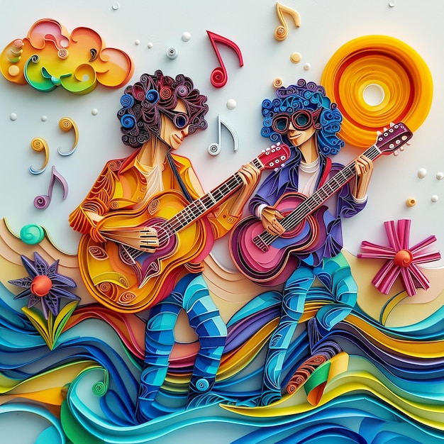 Instrumentos musicales en estilo abstracto con notas musicales