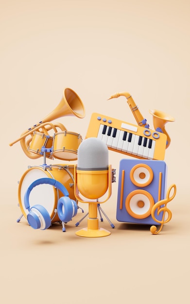 Instrumentos musicales con ilustración 3D de renderización 3D al estilo de dibujos animados