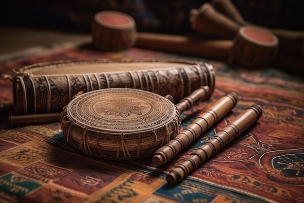 Foto instrumentos musicales indios tradicionales en mat generative ai