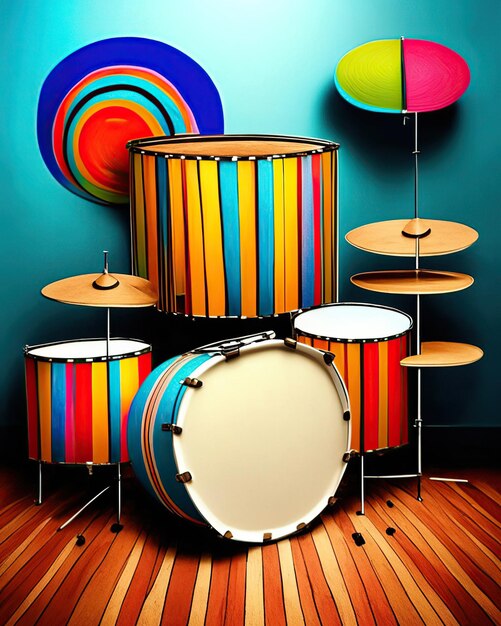 Foto instrumentos musicales de percusión coloridos junto a rayas multicolores