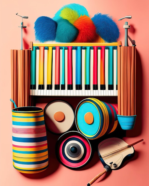 instrumentos musicales de percusión coloridos junto a rayas multicolores