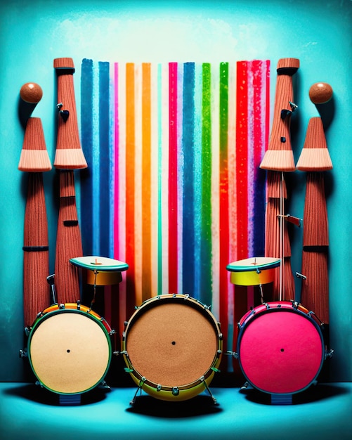 Foto instrumentos musicales de percusión coloridos junto a rayas multicolores