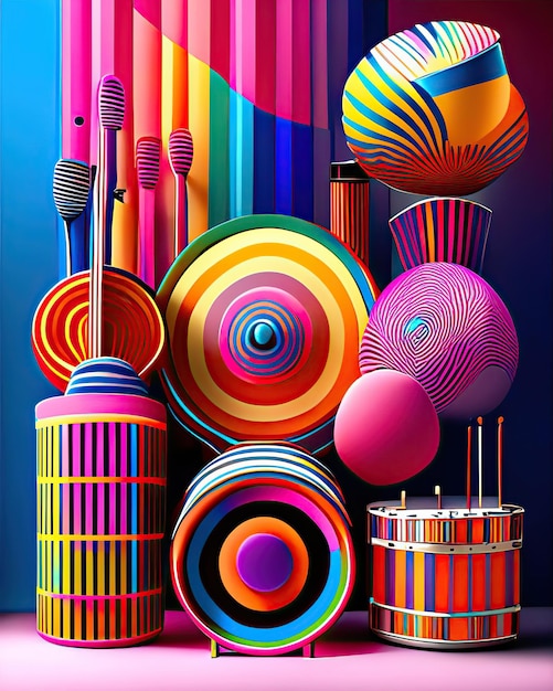 Foto instrumentos musicales de percusión coloridos junto a rayas multicolores