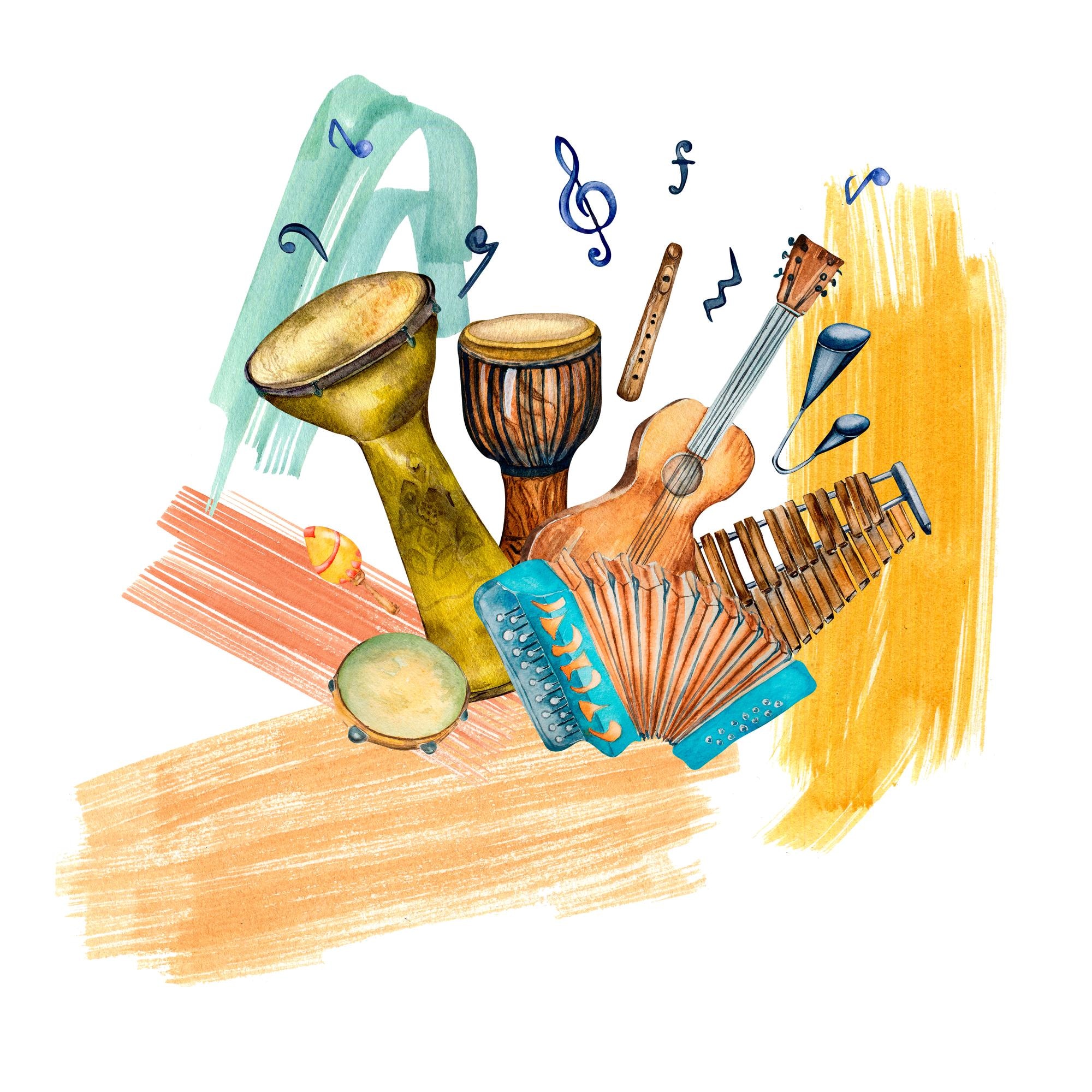 Mismo Tío o señor Vegetación Instrumentos musicales de percusión latina e ilustración de acuarela de  trazo de pintura aislado | Foto Premium