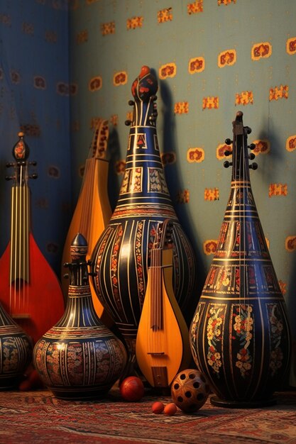 Instrumentos musicales persas tradicionales en 3D como el Tar o el Daf