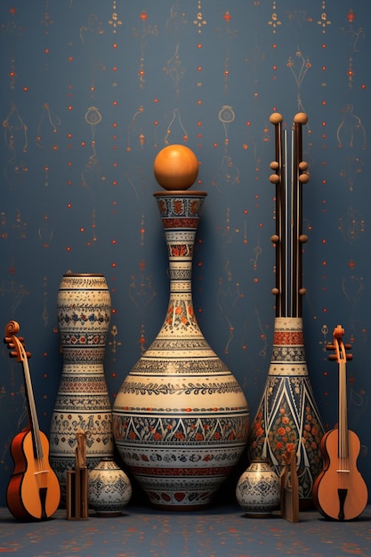 Instrumentos musicales persas tradicionales en 3D como el Tar o el Daf