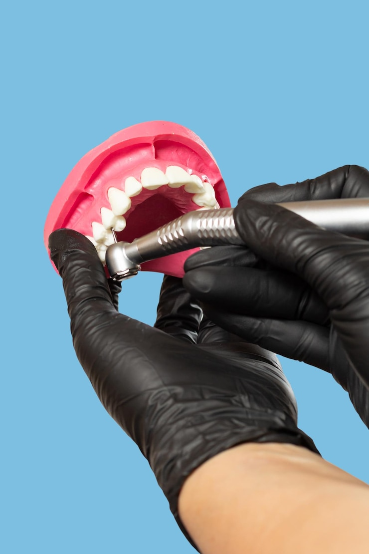 Foto instrumentos odontológicos para atendimento odontológico de dentes em fundo azul