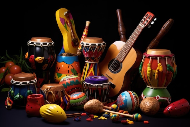 Instrumentos rítmicos de dança de salsa maracas e bongos