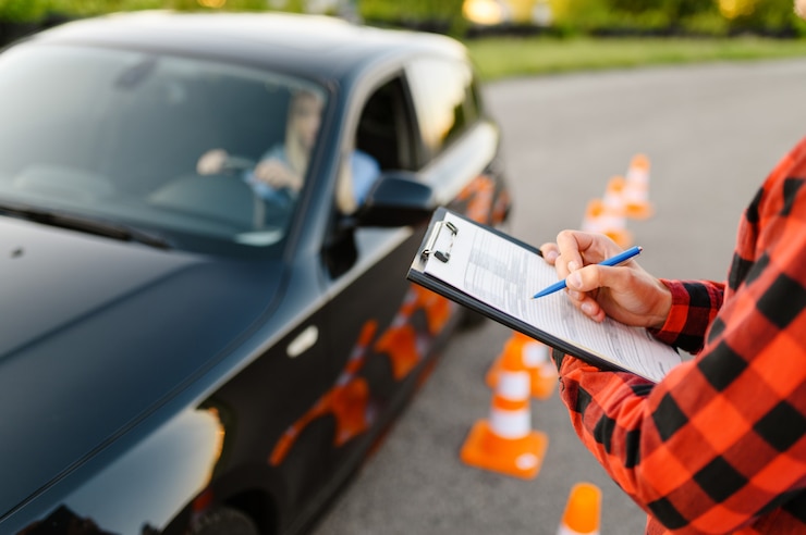 Foto instrutor com lista de verificação e mulher no carro, exame ou aula de autoescola.