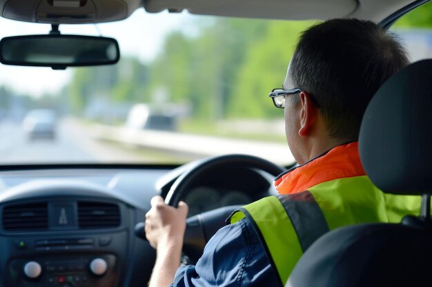 Foto instrutor de condução especialista com carro de treino