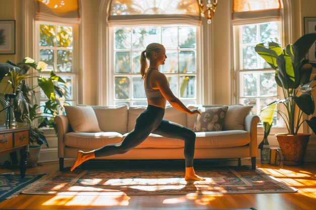 Instrutor de fitness praticando ioga em uma sala iluminada pelo sol