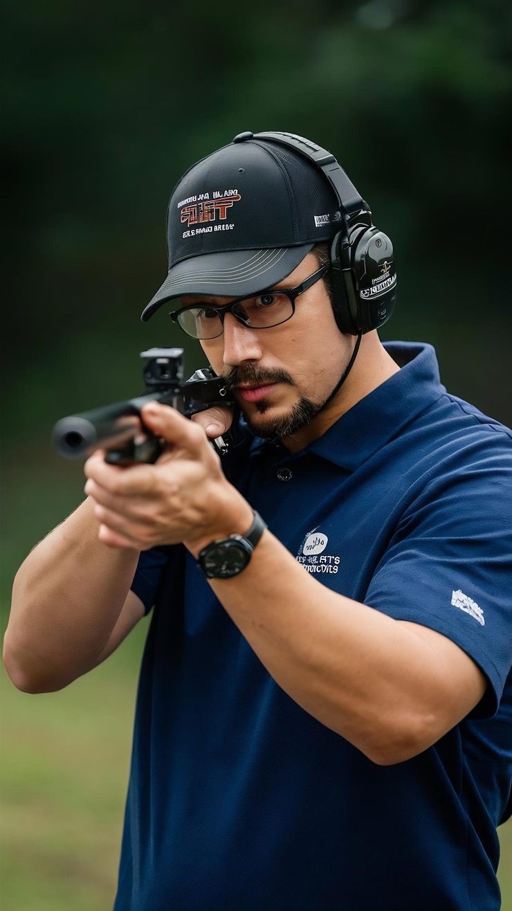 Foto instrutor de tiro desportivo, verifique as suas armas de perto.