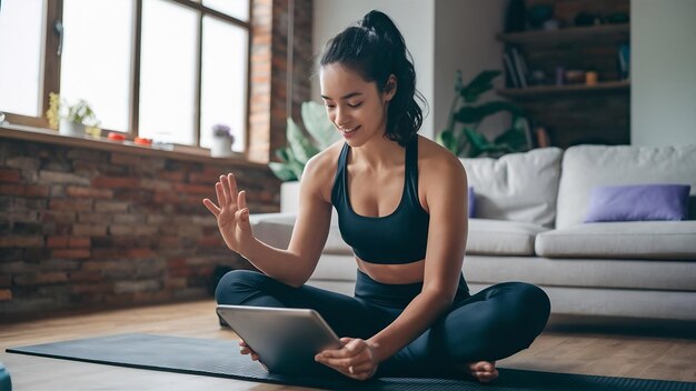 Foto instrutora de fitness feminina ensinando uma aula on-line em casa usando um tablet