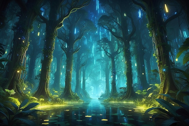 Integração bioluminescente de Ethereal Data Sanctuary em uma floresta tropical pixelada