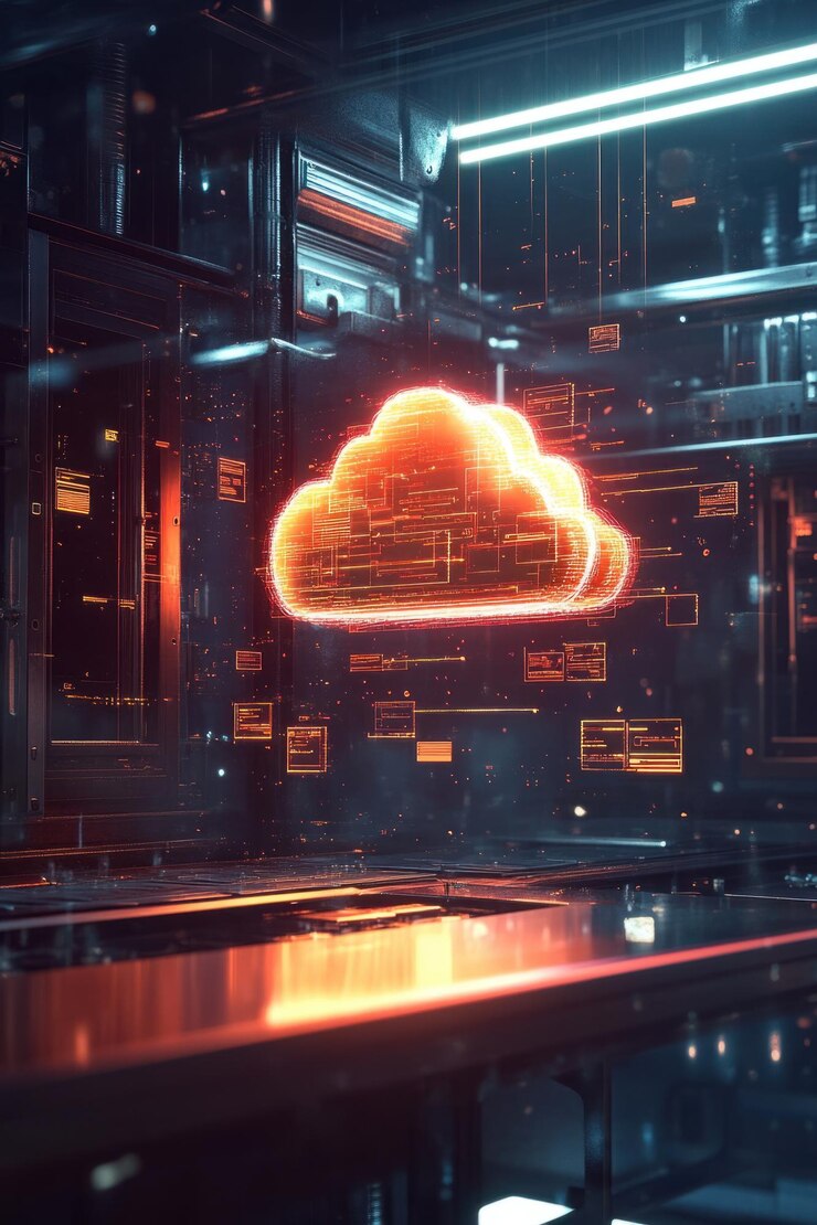 Foto integración de archivos en la nube interfaz de archivos holográfica en la nube que muestra flujos de datos vibrantes brillantes