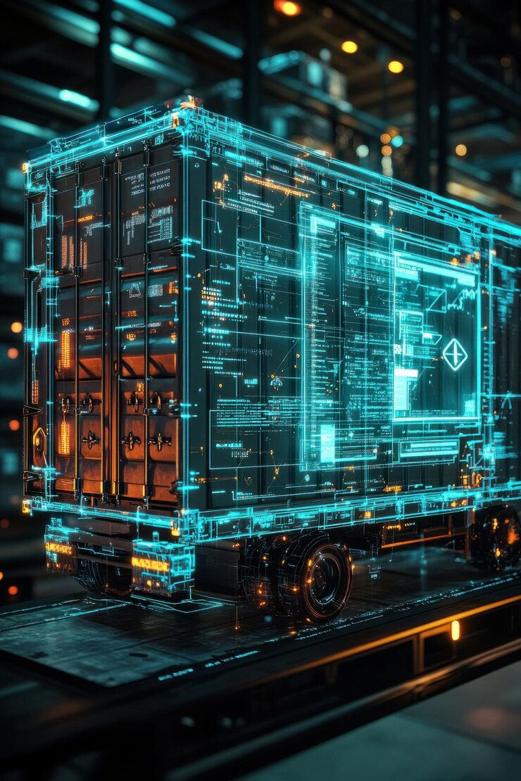 Foto integración de blockchain un holograma 3d de un contenedor de camión mostrado de manera prominente en un hightech