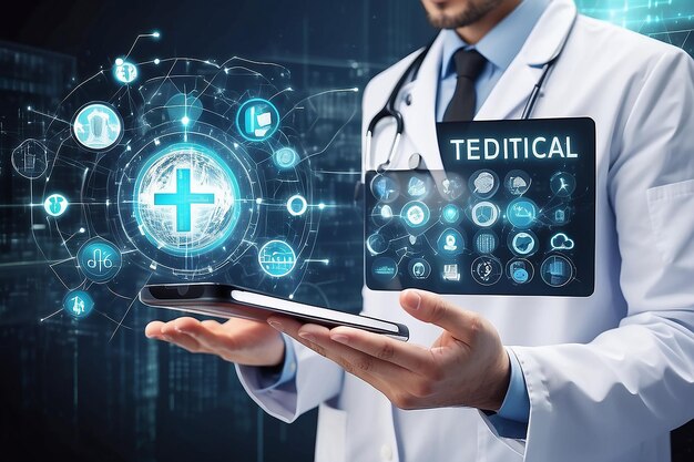 Integración de información de tecnología médica de tecnología médica Internet concepto de big data en pantalla virtual