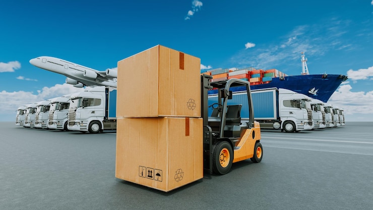 Foto integriertes transportsystem einschließlich gabelstapler