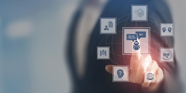 Inteligência Artificial (AI) chatbot Chatbot aplicativo robô conceito de assistente de conversação Serviço de IA Aplicações robóticas e conexão global Tecnologia de aprendizagem de feedback humano