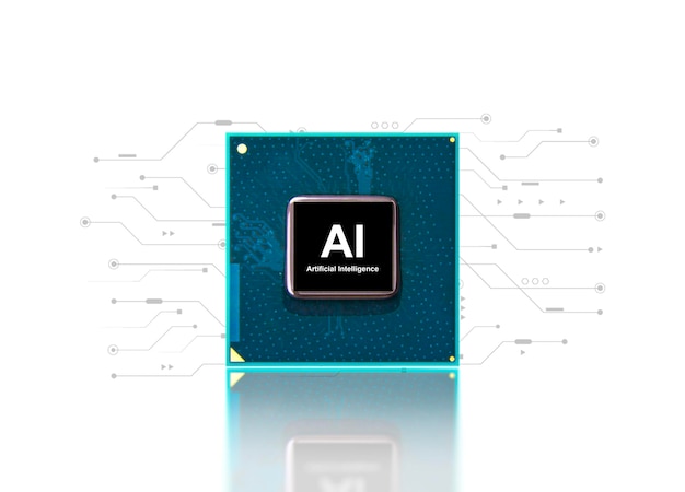 Inteligencia artificial AI y concepto de aprendizaje automático Chip de procesador de computadora con microchip aislado y patrón de circuito electrónico sobre fondo blanco