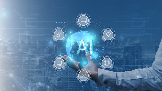 Inteligencia artificial AI y concepto de aprendizaje automático Empresario mano sosteniendo inteligencia artificial