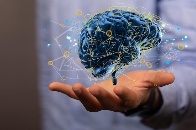 Inteligencia Artificial y Aprendizaje de Máquina Concepto de señal cerebral digital flotando en una mano