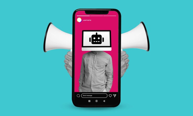 Foto inteligência artificial bot de mídia social na tela do telefone arte de colagem
