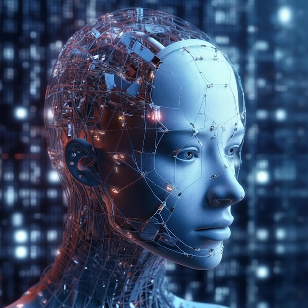 La inteligencia artificial en la cabeza humanoide con red neuronal piensa en una ilustración 3d moderna y futurista