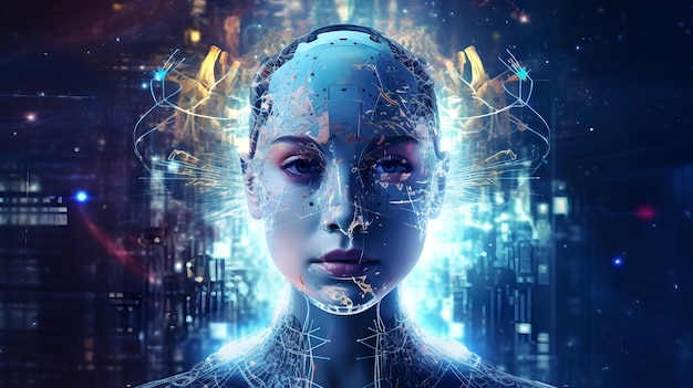 La inteligencia artificial en cabeza humanoide con red neuronal piensa en inteligencia artificial avanzada para el futuro aumento de la singularidad tecnológica