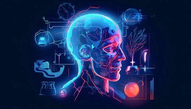 Inteligencia artificial, un ciberhumano humanoide con una red neuronal, piensa en el concepto de IA de big data o seguridad cibernética. Chatea el concepto de GPT. IA con un cerebro digital procesa big data. IA generativa.