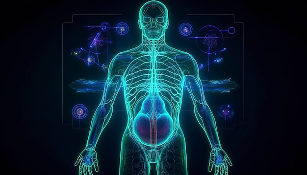 Inteligencia artificial, un ciberhumano humanoide con una red neuronal, piensa en el concepto de IA de big data o seguridad cibernética. Chatea el concepto de GPT. IA con un cerebro digital procesa big data. IA generativa.