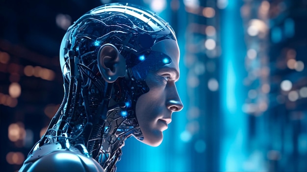 Inteligencia artificial, un ciberhumano humanoide con una red neuronal, piensa que el concepto de IA es grande