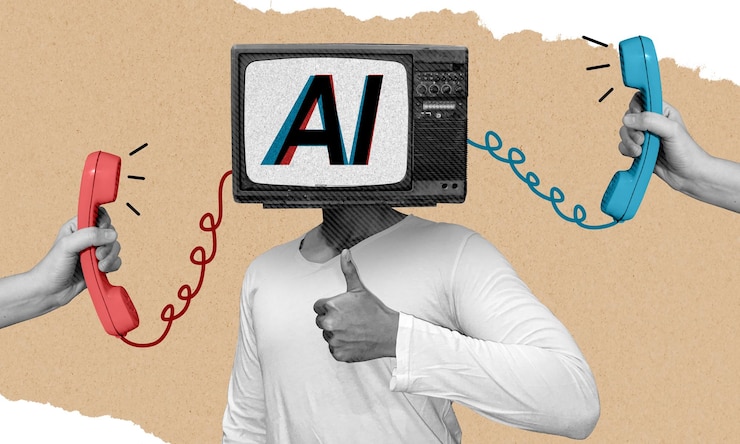 Foto inteligência artificial conceito de serviço ao cliente arte de colagem pessoa com cabeça de televisão texto de ia no ecrã