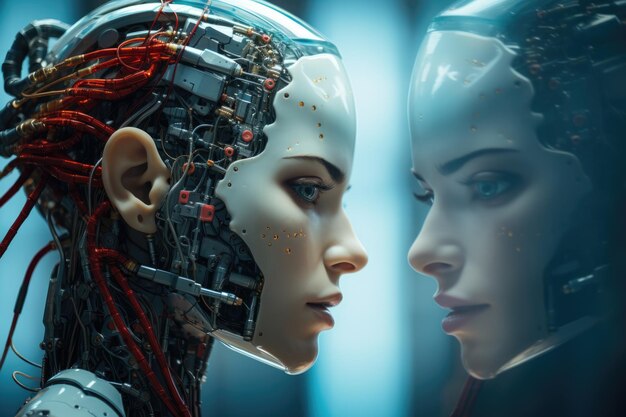 Inteligência Artificial e conceito futurista Rostos humanos e robóticos próximos gerados por IA